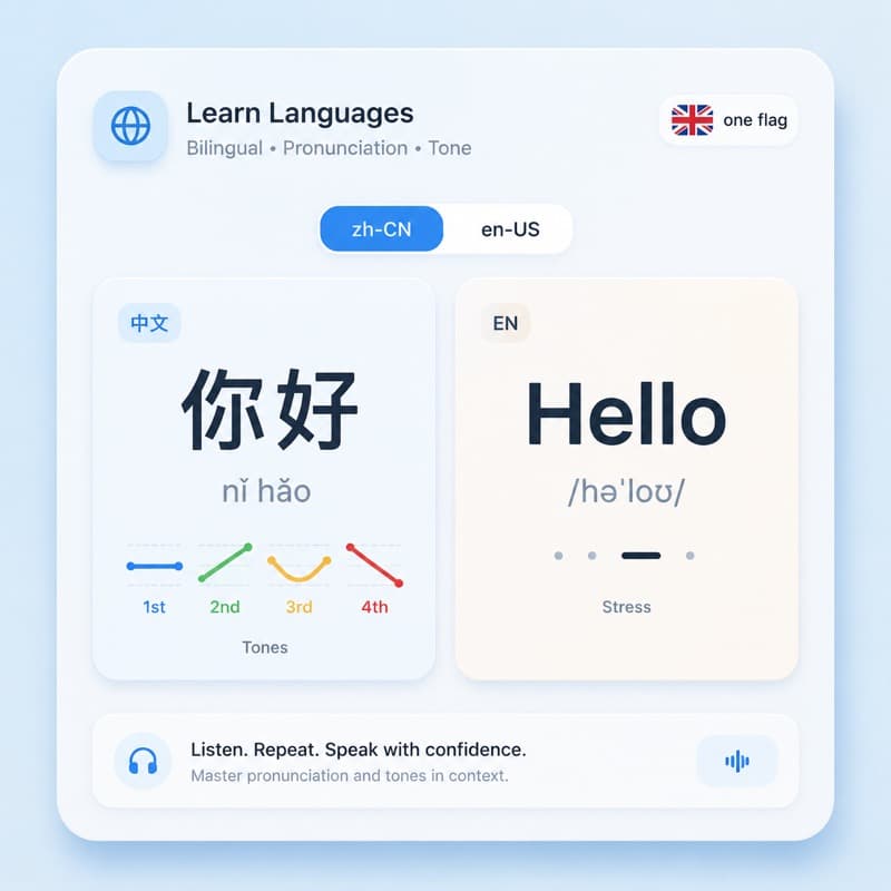 Bilingual panel with zh-CN 你好 / en-US Hello pronunciation details
