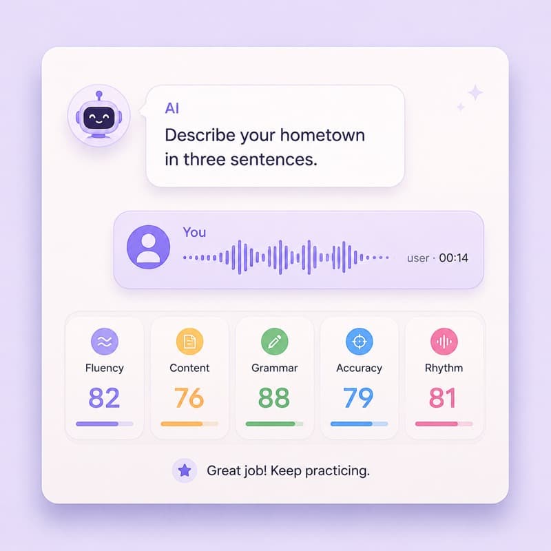 AI dialogue scoring UI with five-dimension score chips