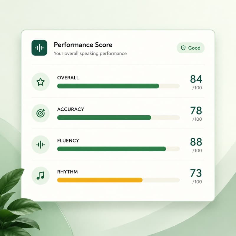 Speech score meters: overall 84, accuracy 78, fluency 88, rhythm 73