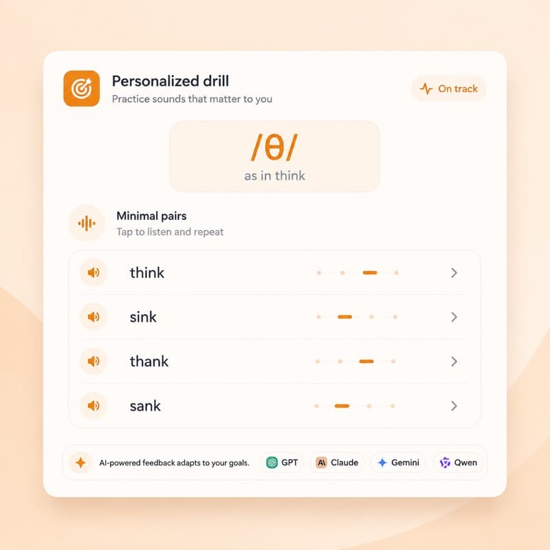 Personalized drill card with /θ/ minimal pairs and LLM chips