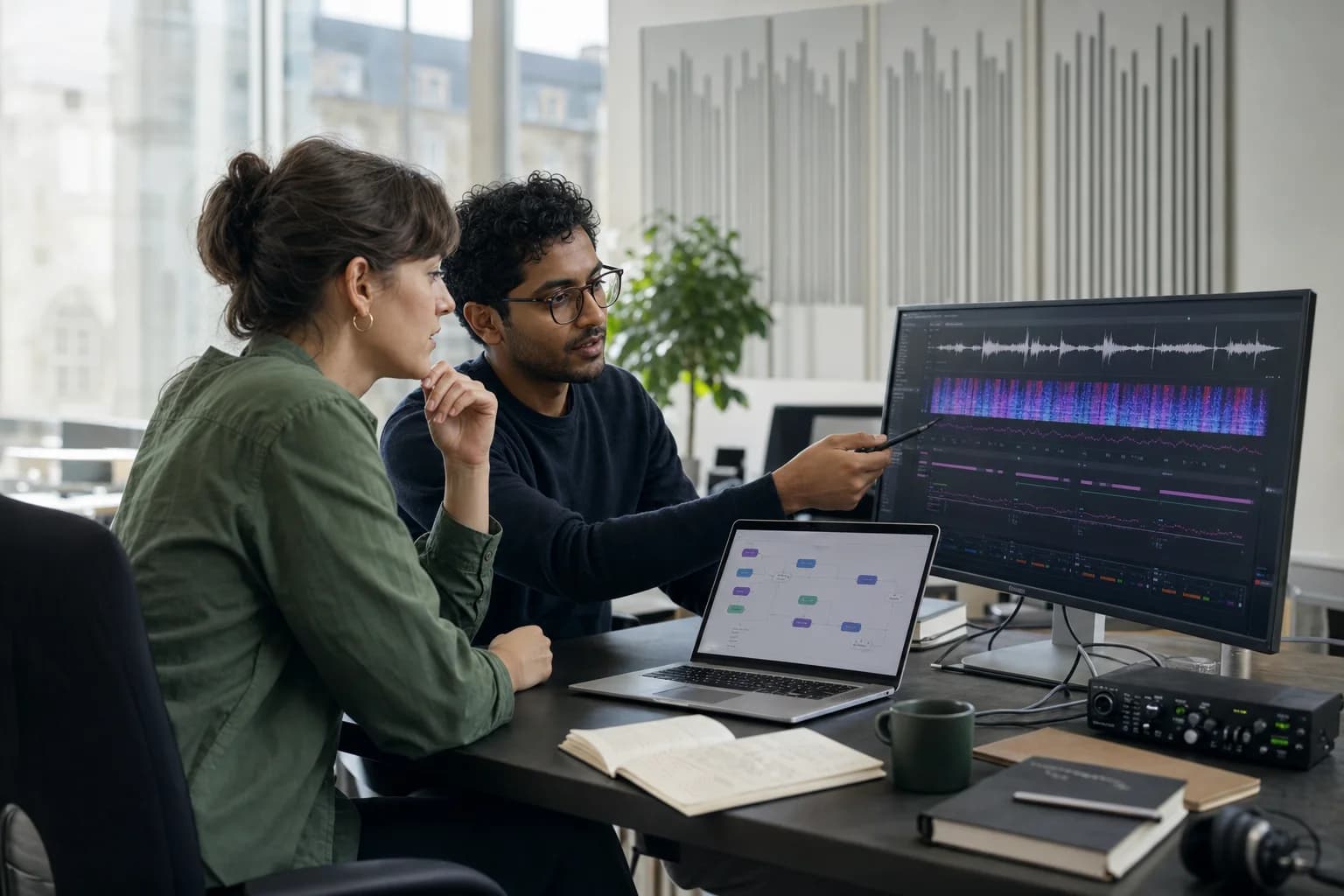 Speech scientist and software engineer reviewing pronunciation data together