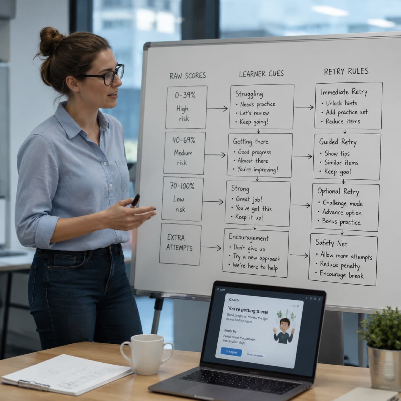 Product engineer mapping assessment scores to learner-facing coaching cues on a whiteboard and laptop