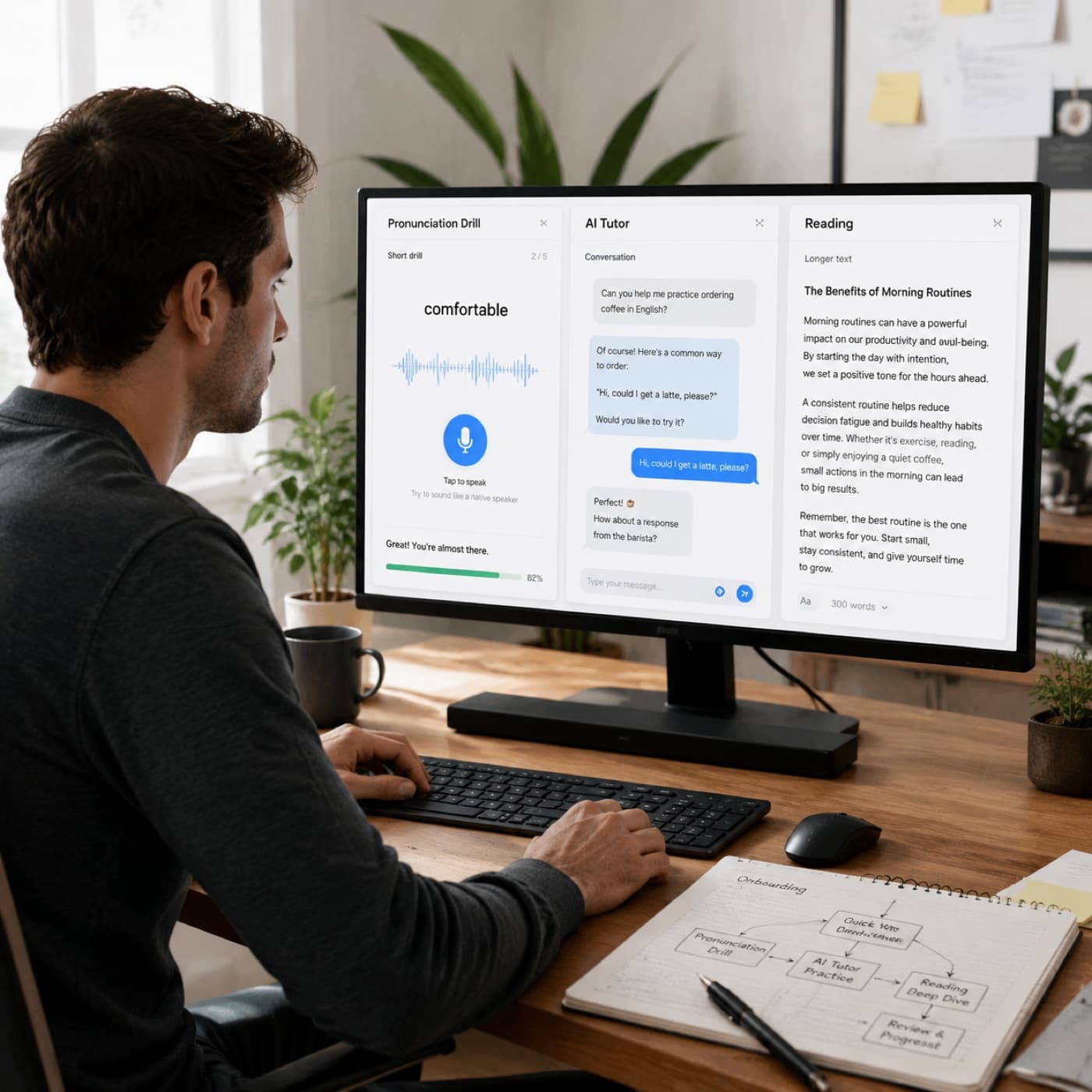 Language product designer comparing drill, tutor and reading practice flows on a large monitor