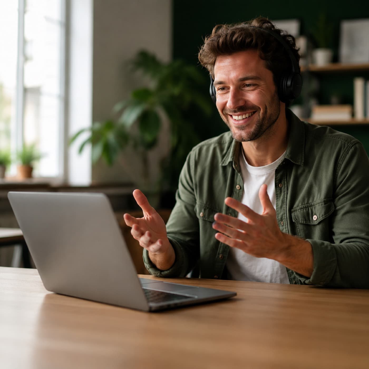 A learner in a friendly online language-tutoring session with headphones and a laptop