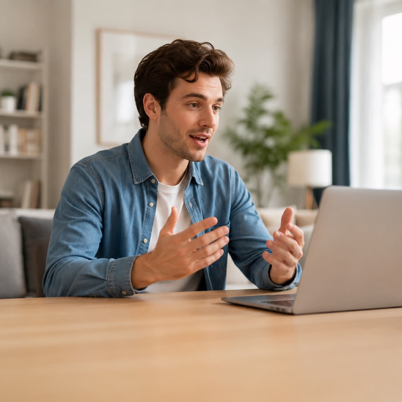 A learner practicing English pronunciation aloud at a laptop