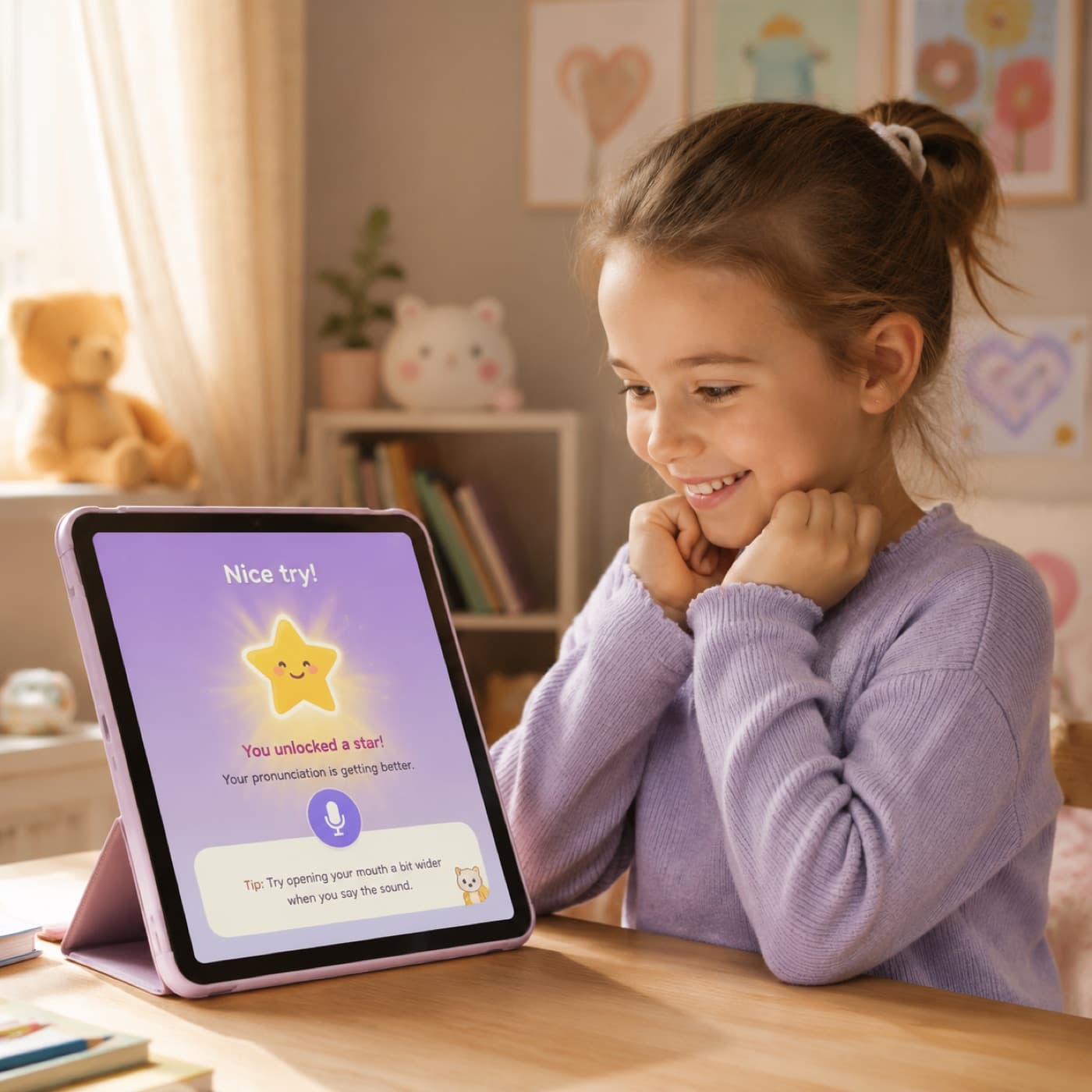 Young learner unlocking a star after pronunciation practice on a tablet