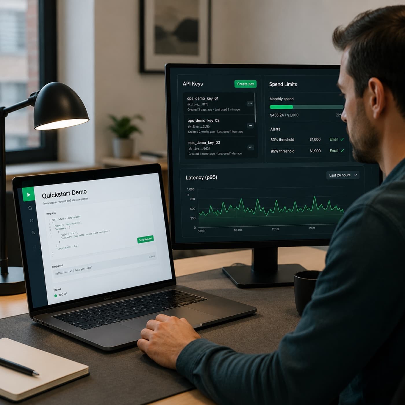 Ops dashboard with API keys, spend limits and latency charts beside a laptop running a quickstart demo