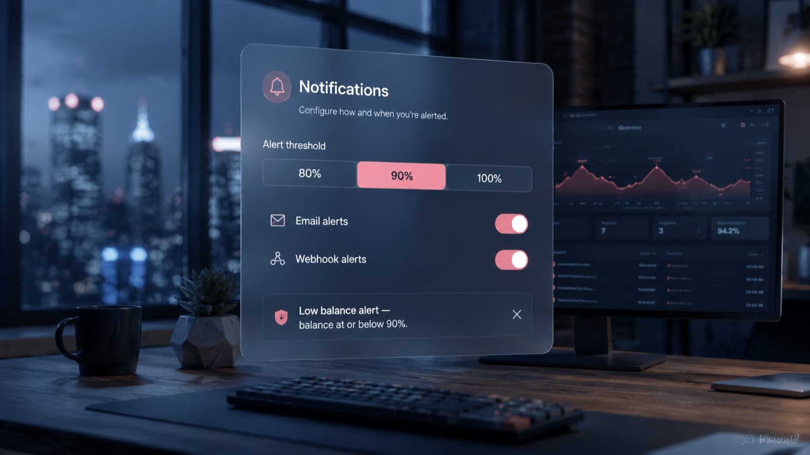 Notification settings with alert thresholds and a low-balance toast