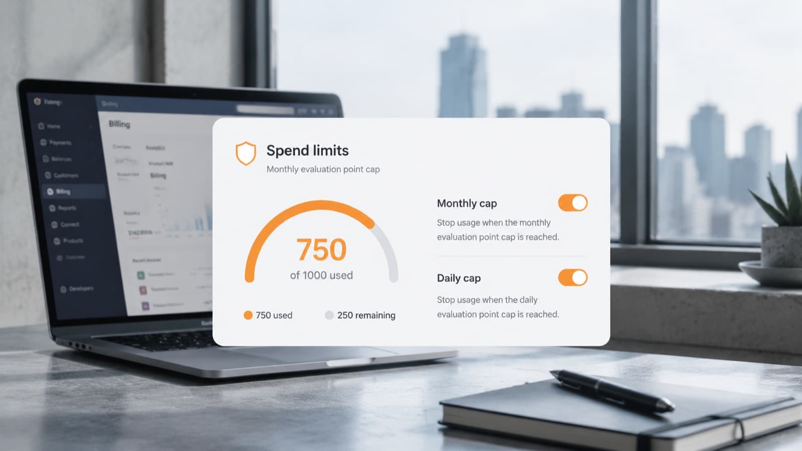 Spend limits panel with evaluation-point gauge and monthly or daily caps