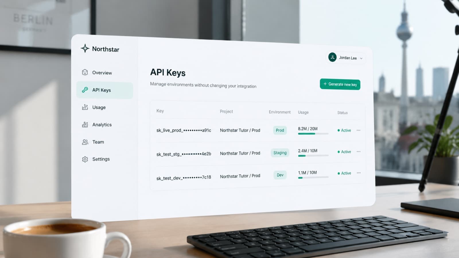 API keys dashboard floating over a desk — Dev, Staging, and Prod keys with usage bars