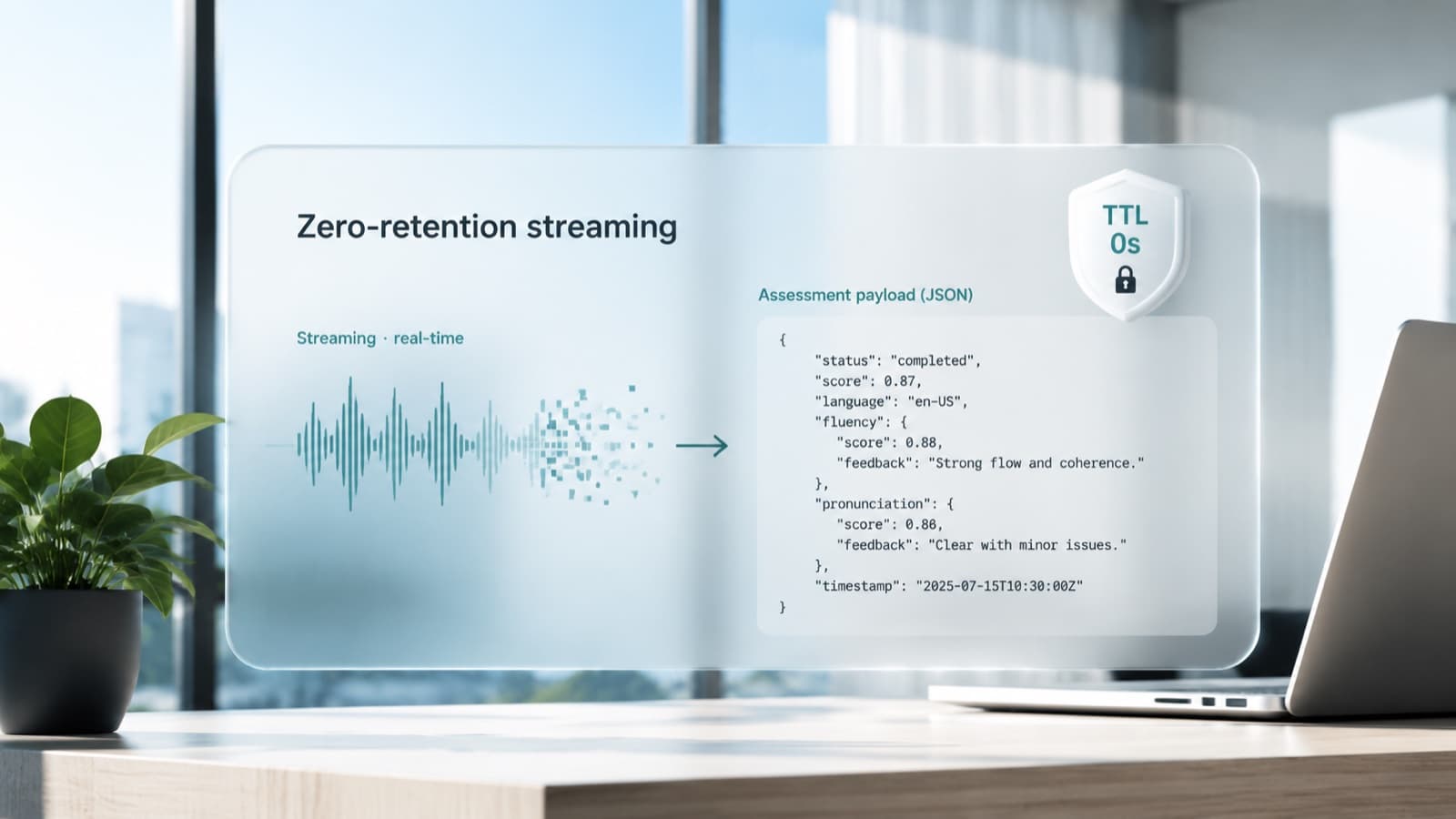 Stateless speech assessment streaming and zero audio retention