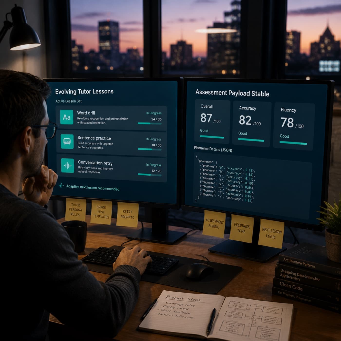Split desk scene with evolving lesson cards on one side and a stable assessment payload panel on the other