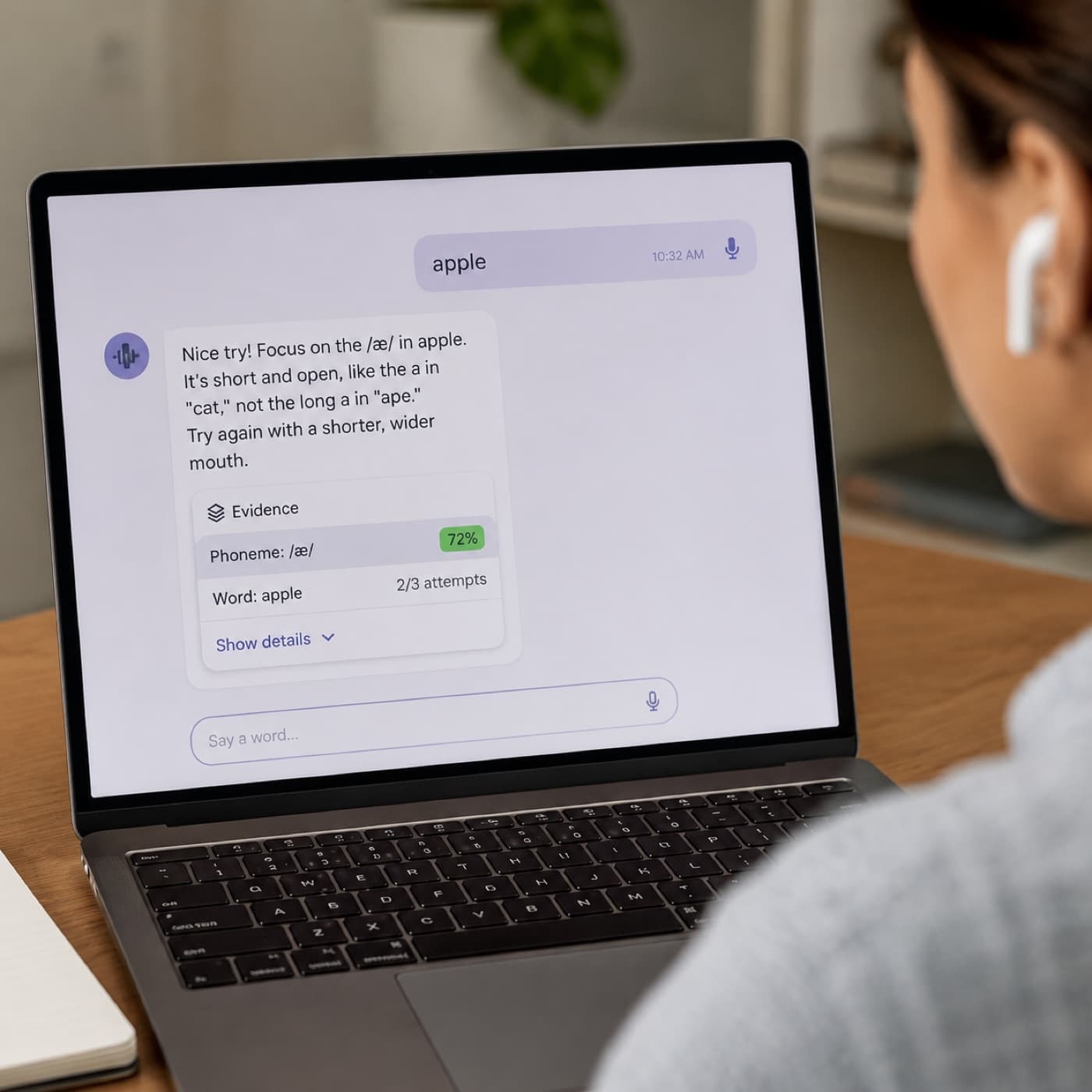 Voice-agent UI citing a specific phoneme tip pulled from a structured assessment result