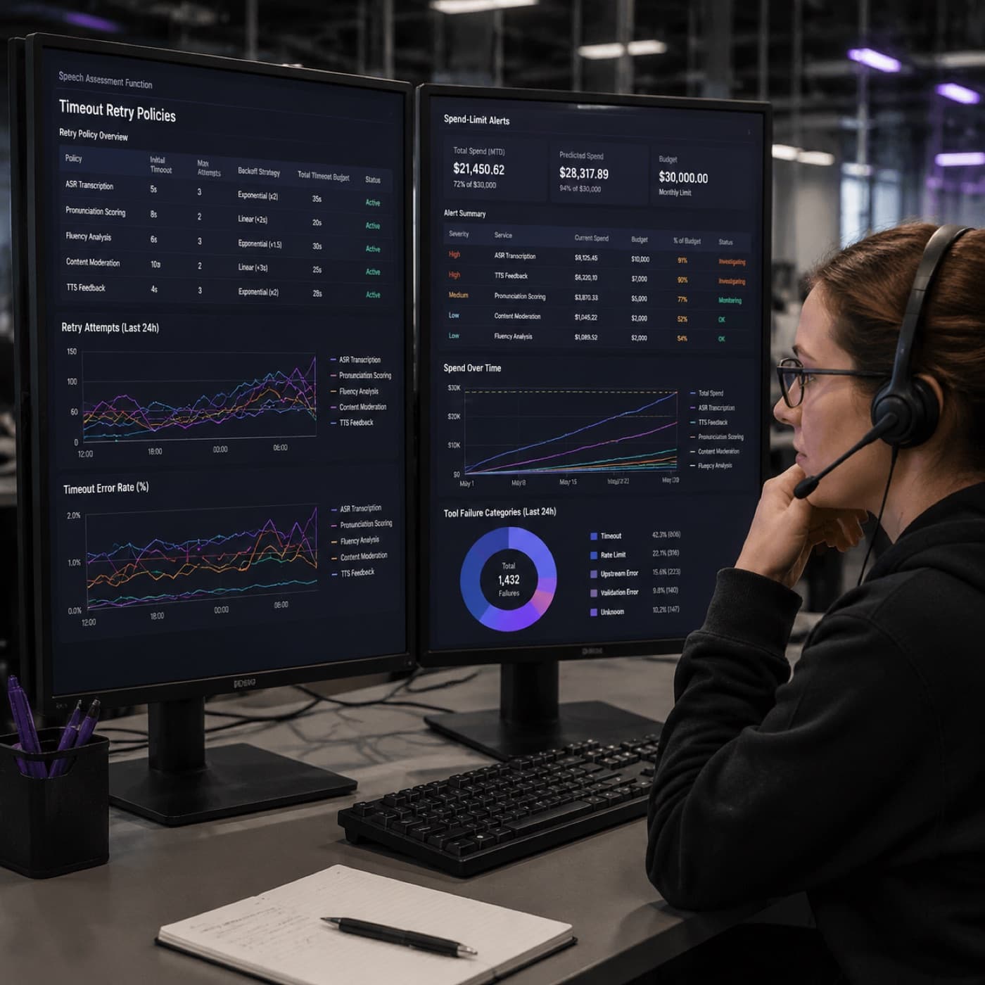 Engineering ops view showing timeout, retry and spend-limit policies for a speech tool