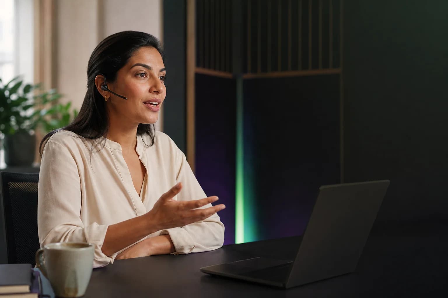 Professional speaking with a real-time voice agent at a laptop