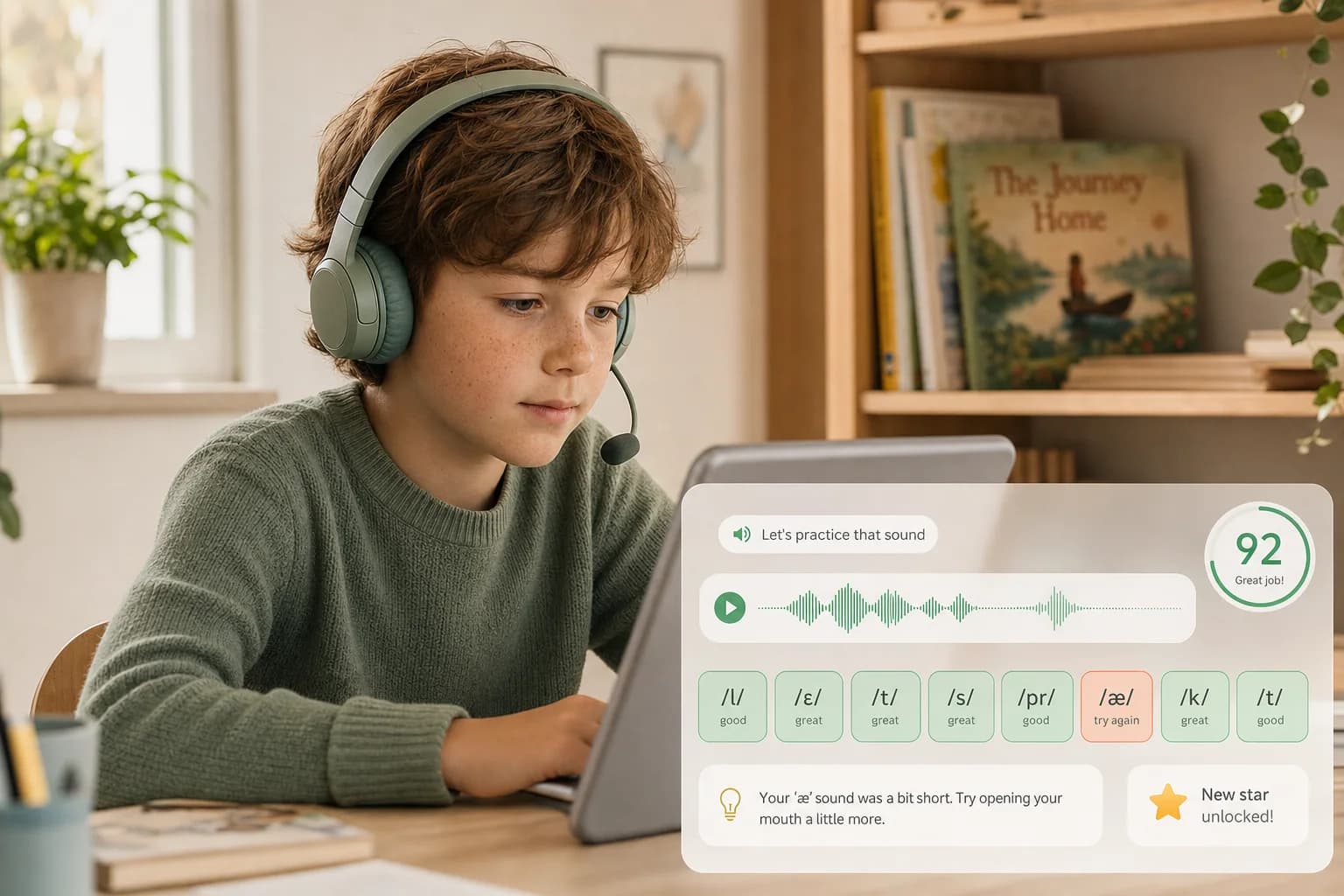 Young Western learner practicing pronunciation with headset, phoneme tips and a newly unlocked star
