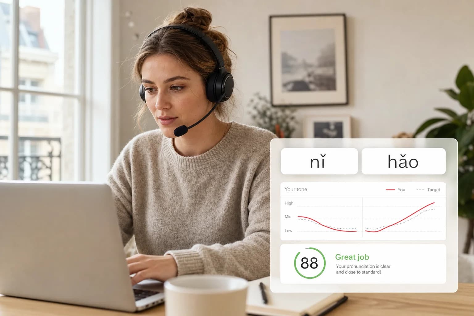 Western Mandarin learner with headset reviewing tone contours and Pinyin scores for nǐ hǎo