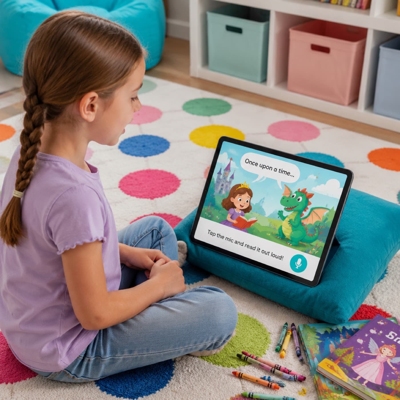 Child reading aloud from a colorful storybook app with a soft microphone prompt on screen