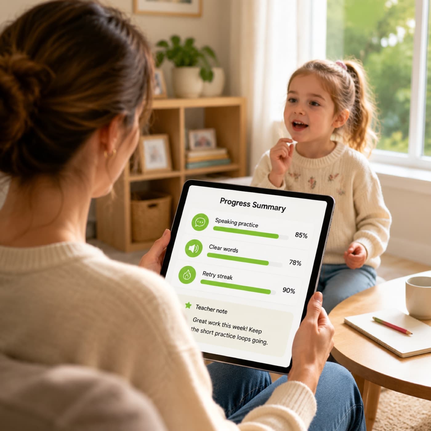 Parent reviewing a simple progress summary on a tablet while a child practices softly in the background