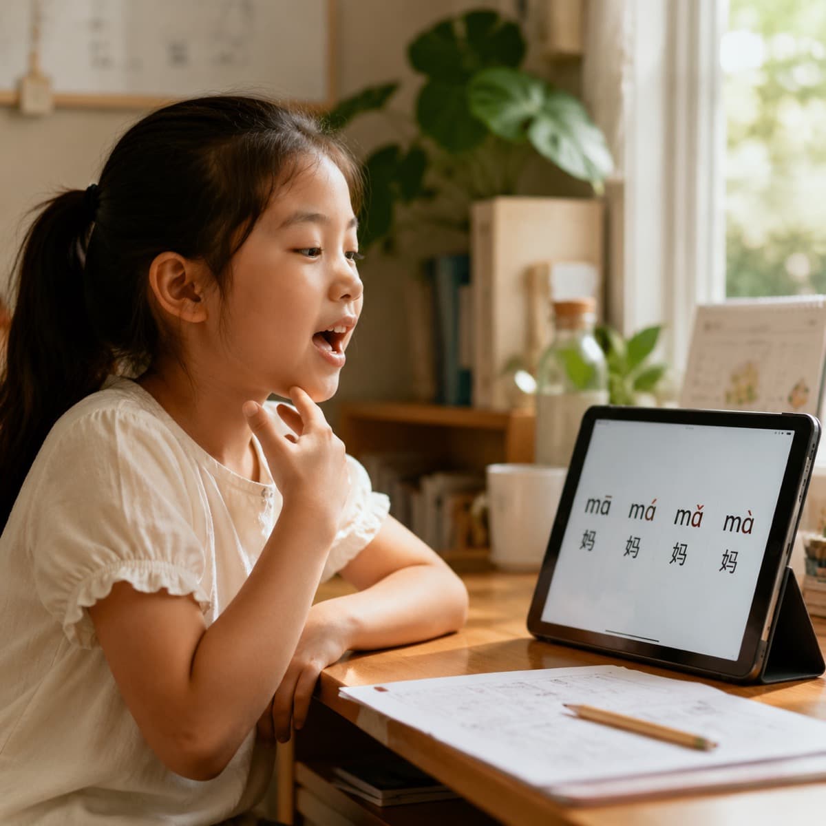 A young child practicing the four Mandarin tones of 妈 (mā má mǎ mà) aloud from a tablet