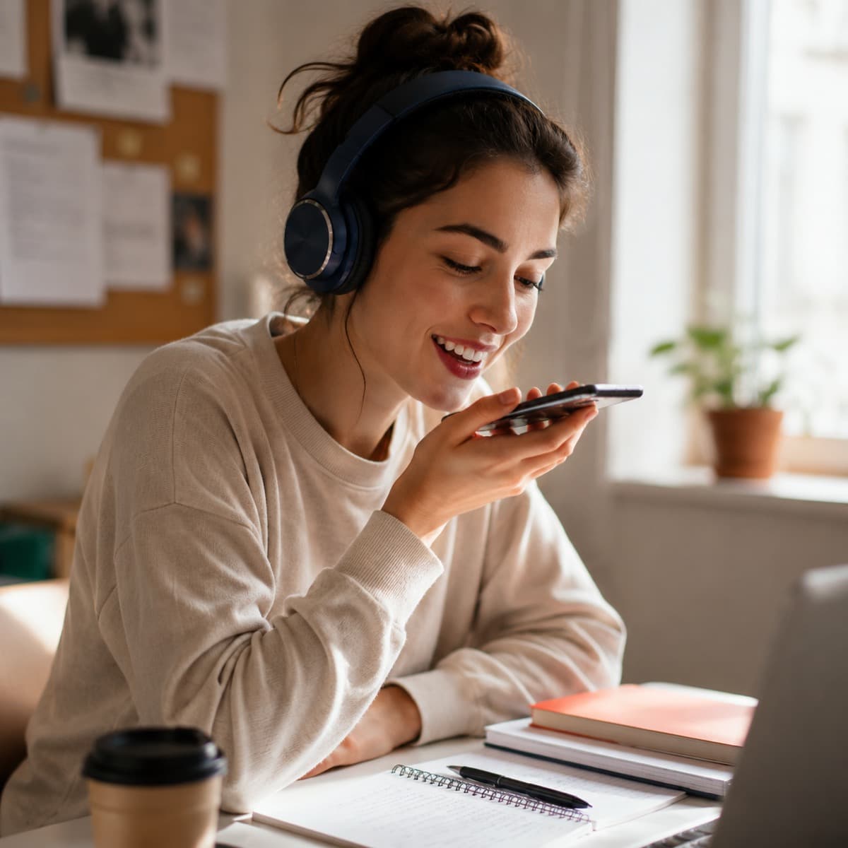 A young woman with headphones speaking into her phone to retry a pronunciation exercise